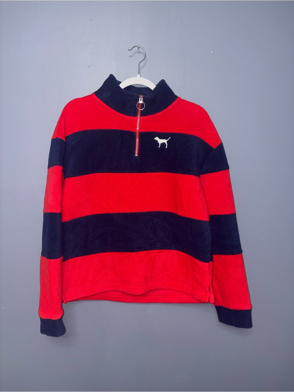 PINK | Quarter Zip Striped Fleece Sweatshirt | Size Medium